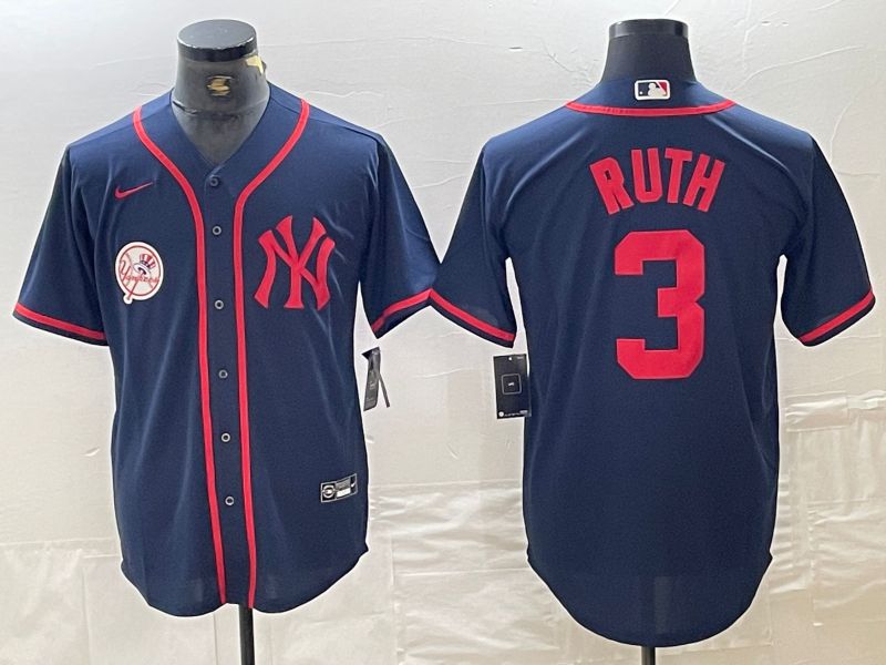 Men New York Yankees #3 Ruth Blue Third generation joint name Nike 2024 MLB Jersey style 3->new york yankees->MLB Jersey